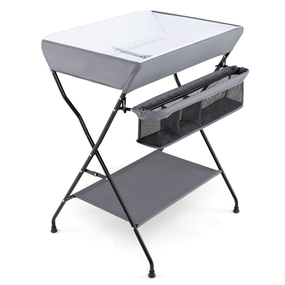 Cambiador de bebé, estación de pañales plegable, organizador portátil para guardería con cinturón de seguridad y estantes de almacenamiento grandes para bebés recién nacidos y bebés (Gris)