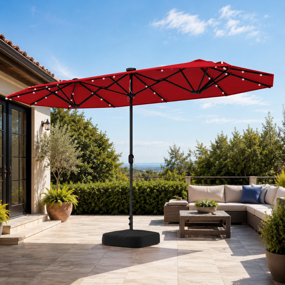 Costway Sombrilla doble de 13x6.6x8 ft (396.2x201.1x243.8 cm). Estructura metálica con 12 varillas y manivela. Incluye base y 36 luces LED solares que iluminan tus reuniones nocturnas por 8 h