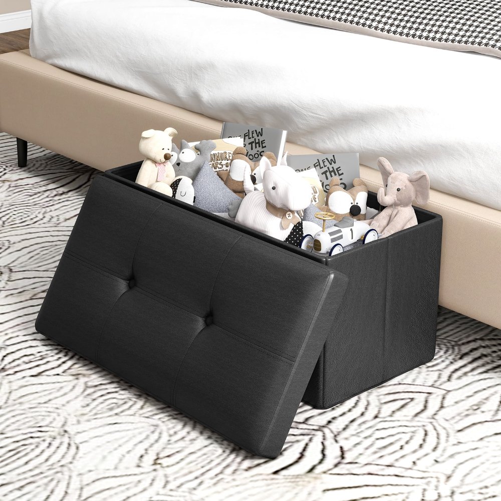 Costway otomana plegable rectangular negra, tapizada en cuero PVC, con 22.5 galones de almacenamiento. Ideal como asiento y organizador.