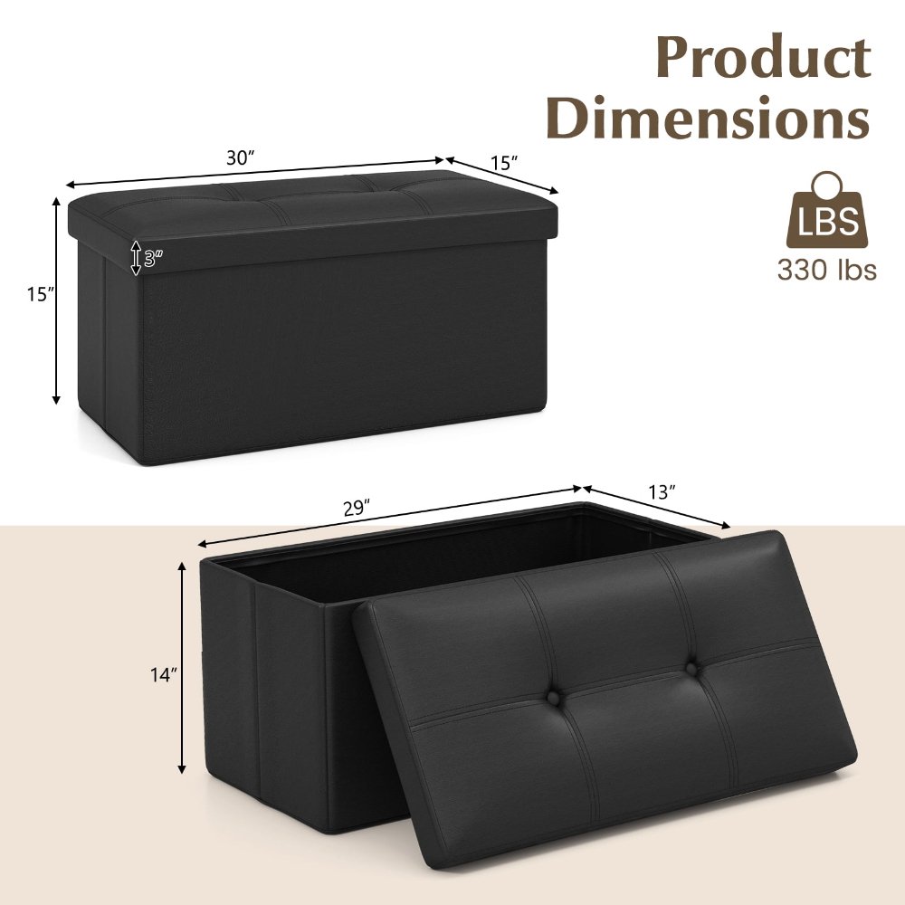 Costway otomana plegable rectangular negra, tapizada en cuero PVC, con 22.5 galones de almacenamiento. Ideal como asiento y organizador. - Imagen 2