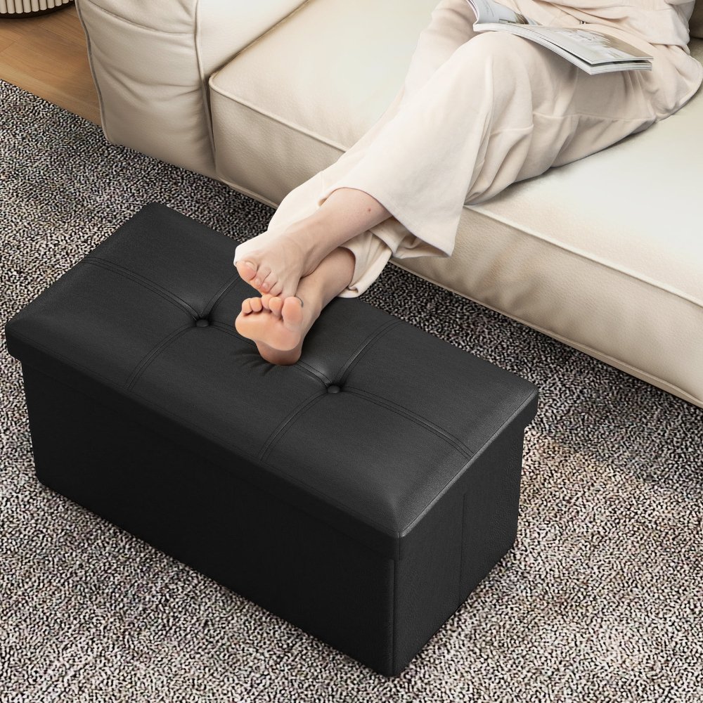 Costway otomana plegable rectangular negra, tapizada en cuero PVC, con 22.5 galones de almacenamiento. Ideal como asiento y organizador. - Imagen 5