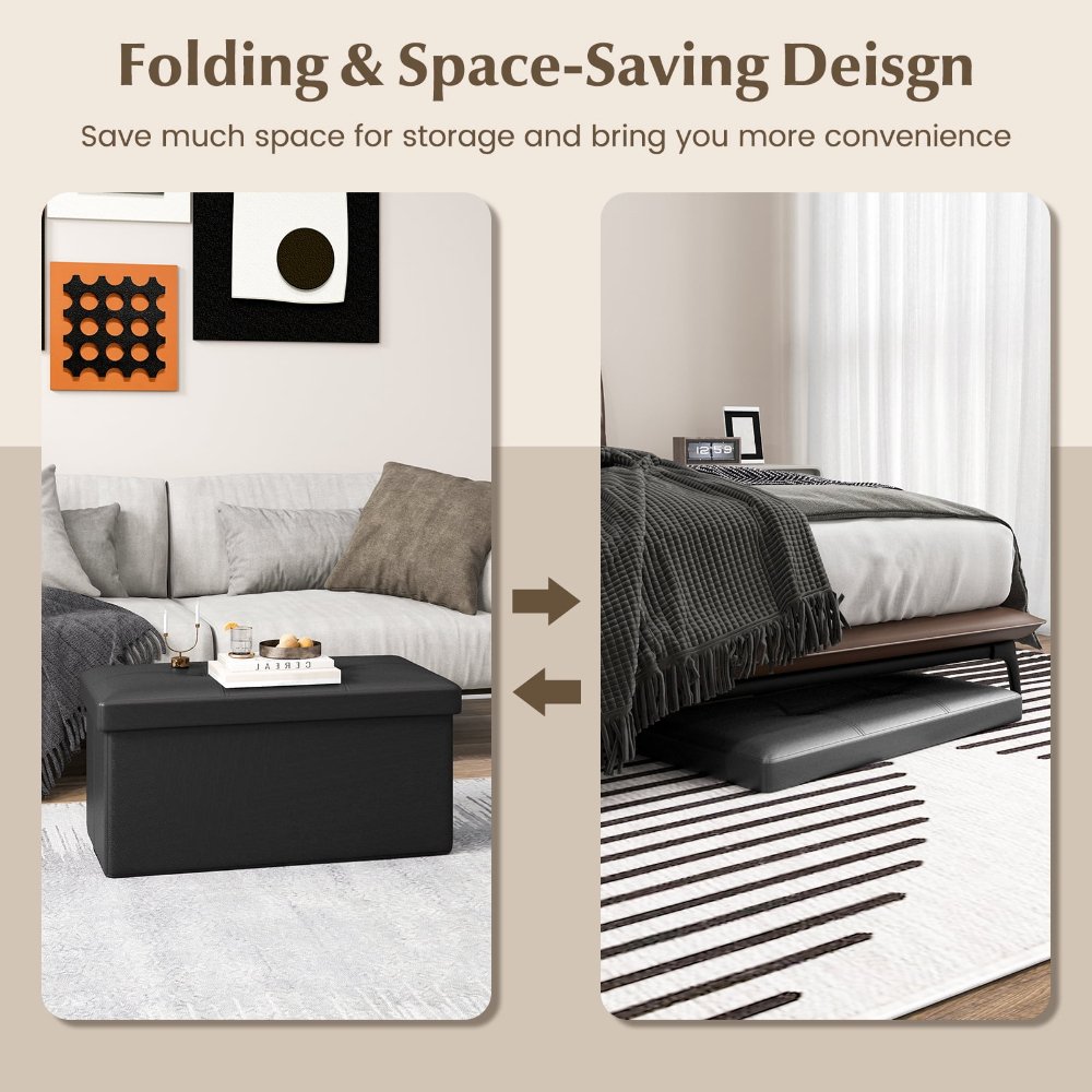 Costway otomana plegable rectangular negra, tapizada en cuero PVC, con 22.5 galones de almacenamiento. Ideal como asiento y organizador. - Imagen 6