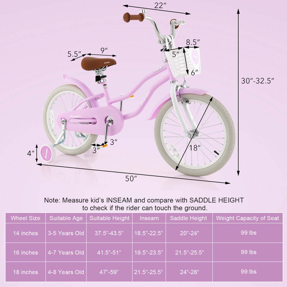 Costway Bicicleta para Niños de 18'' Bicicleta para Bebé con Rueda de Entrenamiento y Soporte para 4-8 Años Morado - Imagen 6