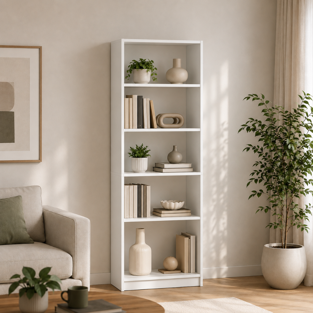 Librería de 5 estantes para dormitorio, color blanco - Elementos esenciales para la habitación: estilo moderno, madera compuesta, estantes abiertos, alto.
