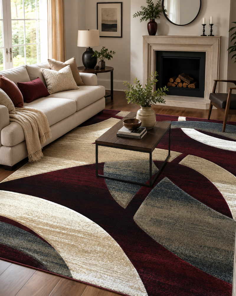 Alfombra de 3.05 x 2.44 m moderna modelo 248 , mezcla de poliéster, diseño escultural rojo y beige, resistente y fácil de limpiar.