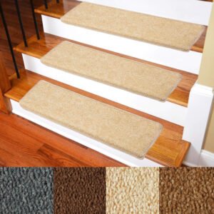 Peldaños KOOTETA (8"x30") para escaleras interiores. Pack de 15 alfombras antideslizantes con base TPR autoadhesiva y lavable. Protegen a niños y mascotas mientras reducen el ruido y cuidan la madera.