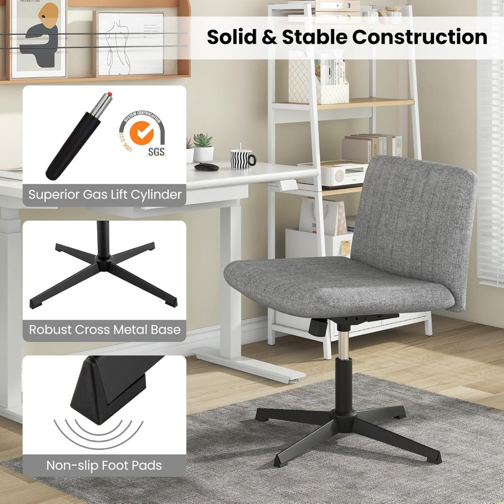 silla de oficina gris sin brazos, giratoria y ajustable, con asiento ancho acolchado; cómoda para escritorio. - Imagen 4