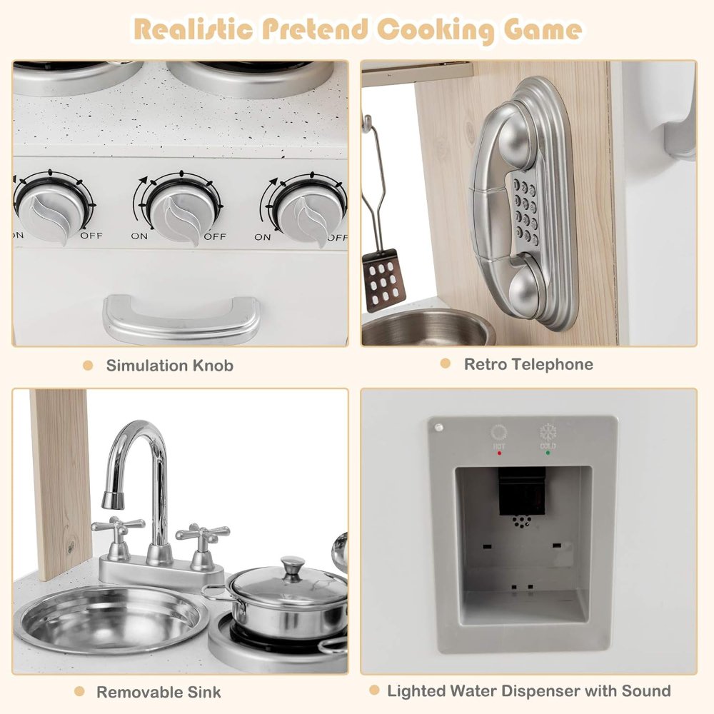 Juego de cocina para niños, cocina de madera con utensilios, horno, armarios, grifo, fregadero y teléfono, juego de cocina para niños pequeños con accesorios, mayores de 3 años - Imagen 3