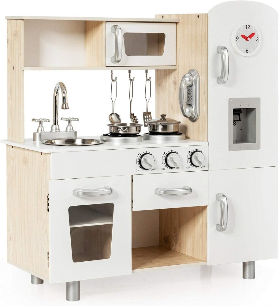 Juego de cocina para niños, cocina de madera con utensilios, horno, armarios, grifo, fregadero y teléfono, juego de cocina para niños pequeños con accesorios, mayores de 3 años - Imagen 6