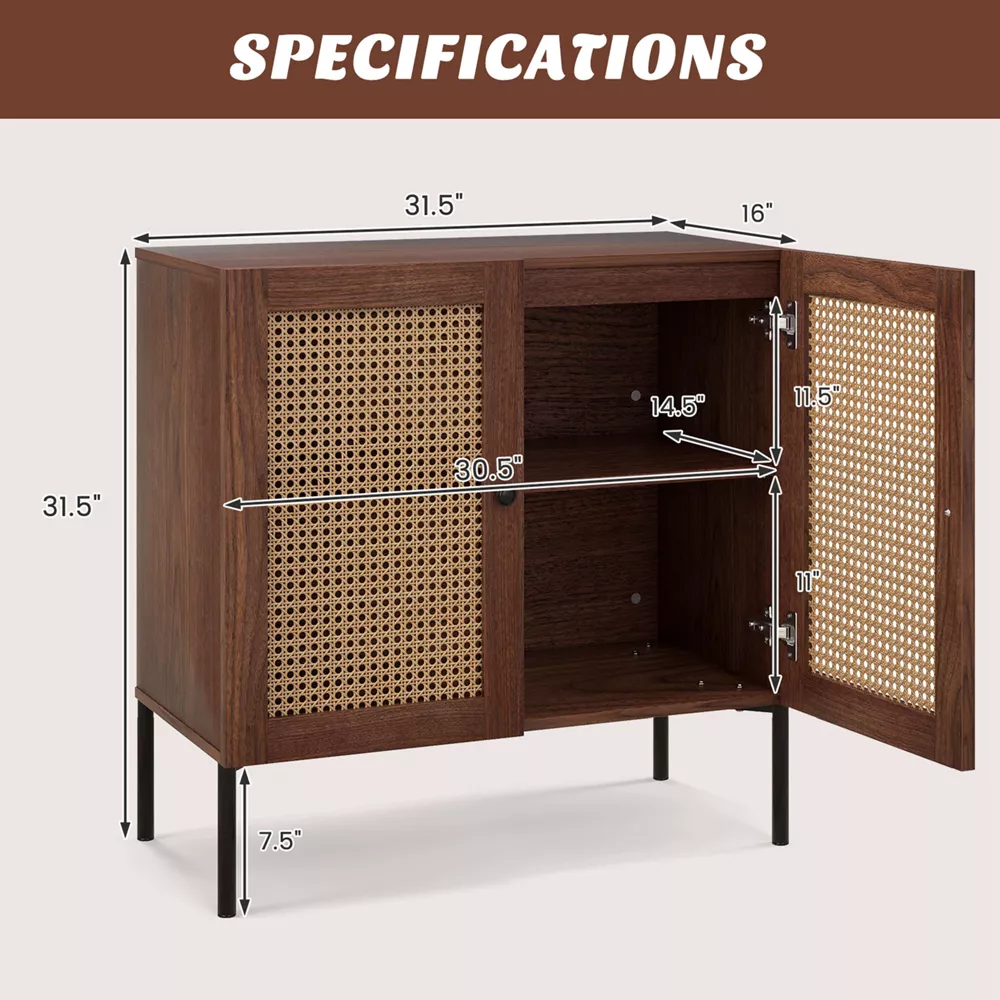 Costway aparador de ratán color nogal, con estante ajustable y puertas tejidas. Ideal para comedor, cocina o sala, aporta orden y estilo. - Imagen 6