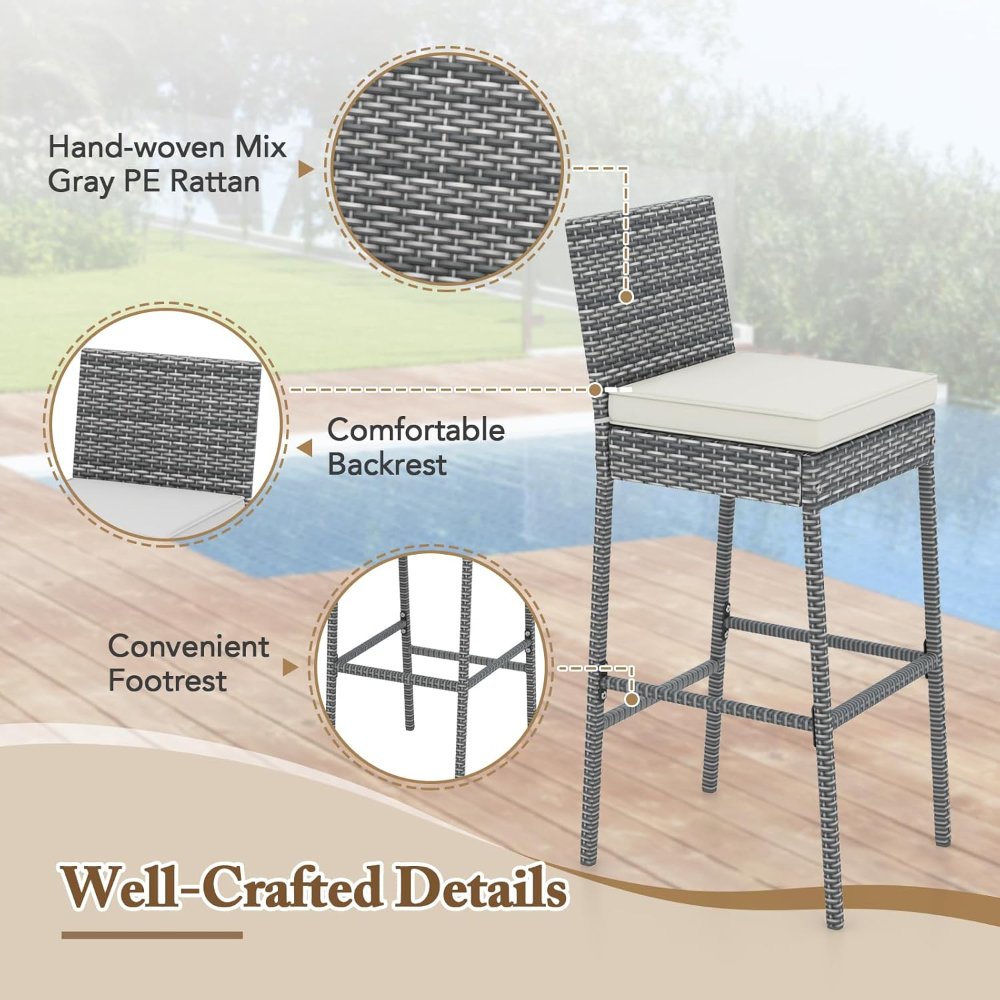 COSTWAY set de 2 taburetes de ratán gris para exterior, 30? de alto, con cojín, respaldo y reposapiés. Ideales para patio o piscina. - Imagen 2
