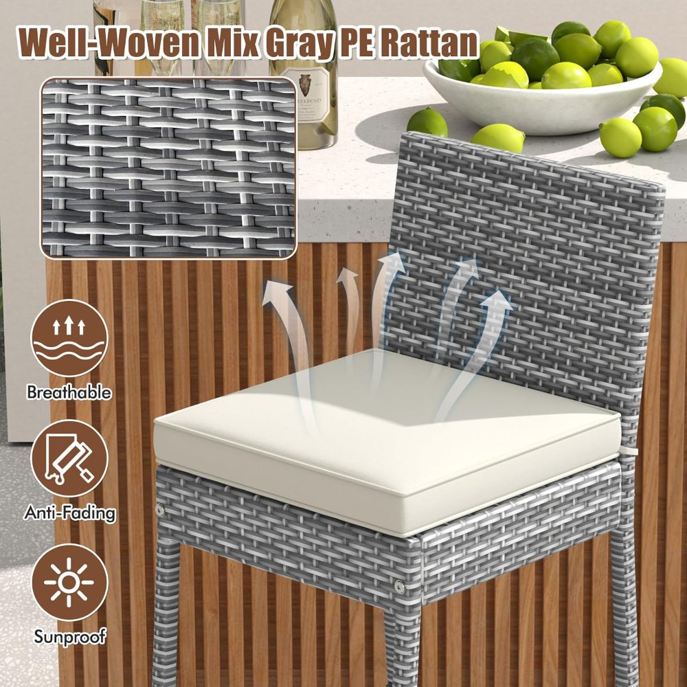 COSTWAY set de 2 taburetes de ratán gris para exterior, 30? de alto, con cojín, respaldo y reposapiés. Ideales para patio o piscina. - Imagen 3