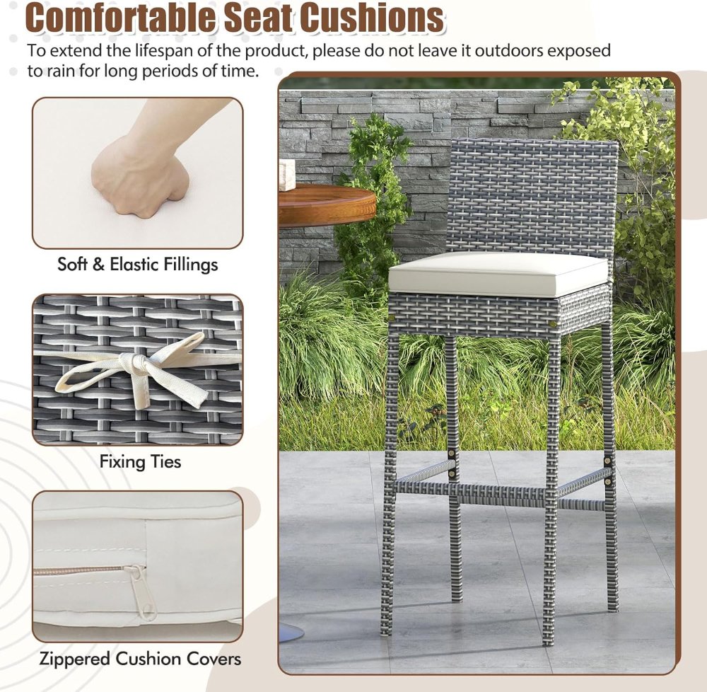 COSTWAY set de 2 taburetes de ratán gris para exterior, 30? de alto, con cojín, respaldo y reposapiés. Ideales para patio o piscina. - Imagen 4