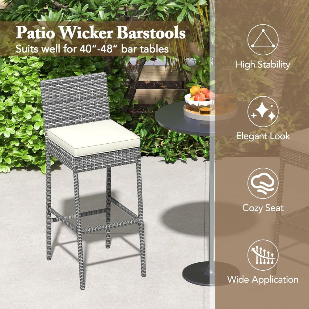 COSTWAY set de 2 taburetes de ratán gris para exterior, 30? de alto, con cojín, respaldo y reposapiés. Ideales para patio o piscina. - Imagen 5