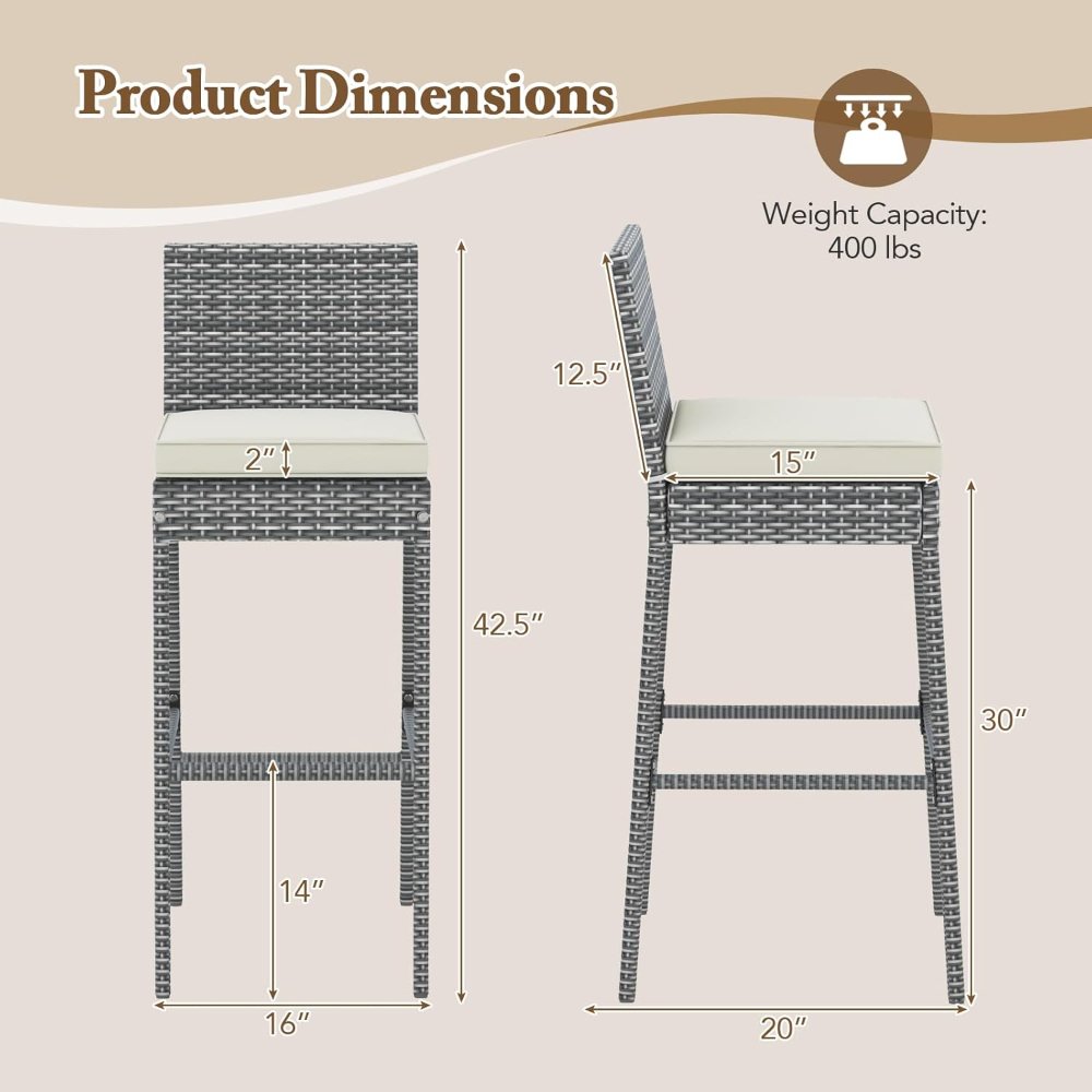 COSTWAY set de 2 taburetes de ratán gris para exterior, 30? de alto, con cojín, respaldo y reposapiés. Ideales para patio o piscina. - Imagen 6
