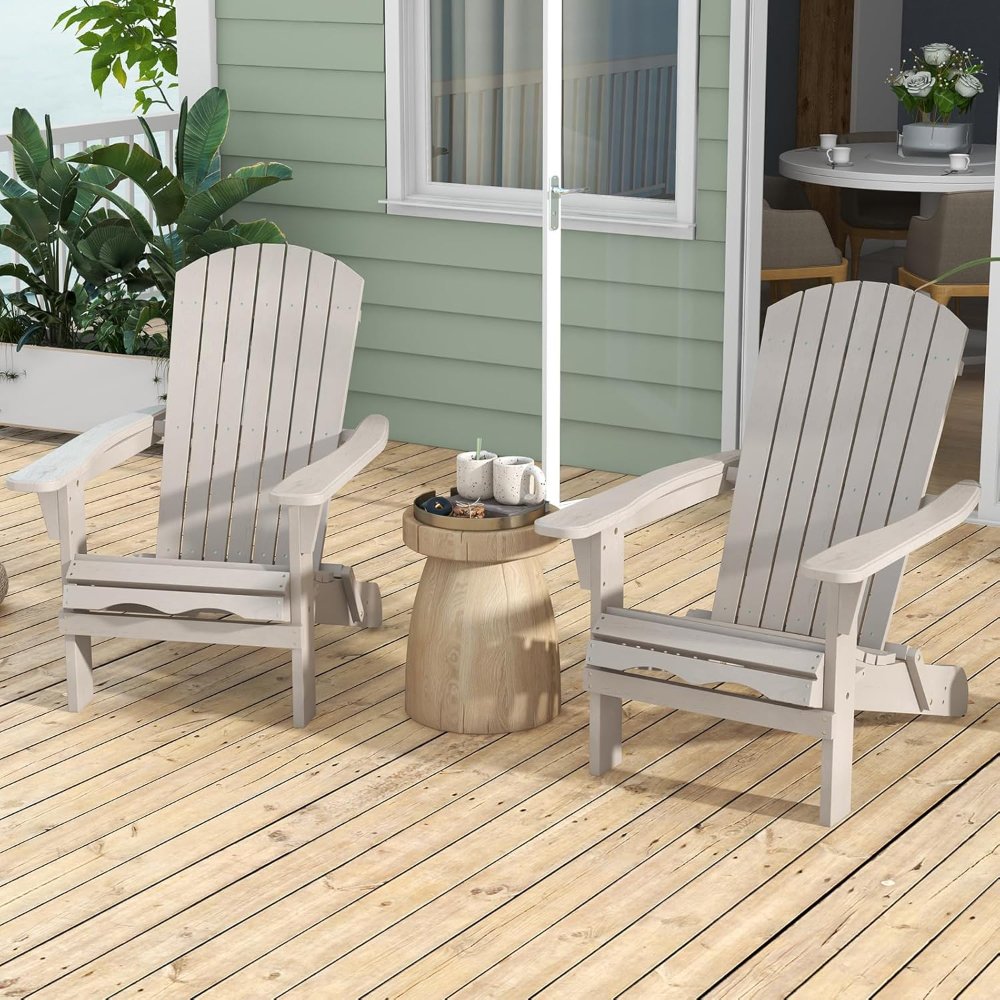 Costway set de 2 sillas Adirondack plegable gris, de madera, con respaldo alto y reposabrazos anchos. Ideal para patio, jardín o piscina.