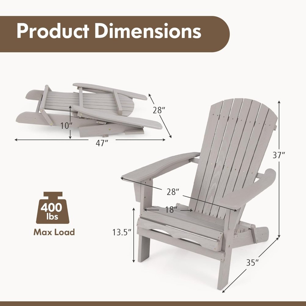Costway set de 2 sillas Adirondack plegable gris, de madera, con respaldo alto y reposabrazos anchos. Ideal para patio, jardín o piscina. - Imagen 5