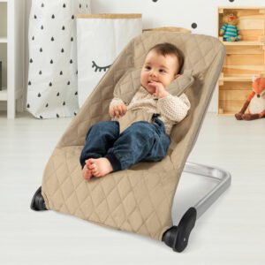 Costway hamaca mecedora para bebé color beige, con estructura de aluminio/metal, asiento acolchado y arnés. Ideal para descanso seguro.