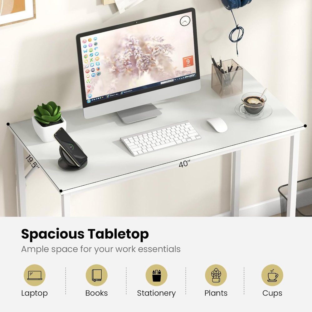 Escritorio blanco para computadora de 40 pulgadas, escritorio de oficina en casa con marco de metal resistente, mesa de juego moderna y simple estación de trabajo de PC, escritorio pequeño - Imagen 3