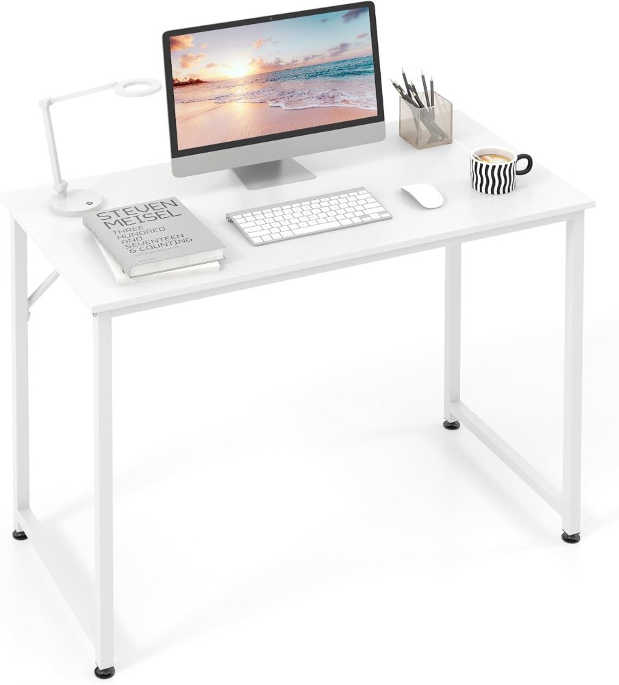 Escritorio blanco para computadora de 40 pulgadas, escritorio de oficina en casa con marco de metal resistente, mesa de juego moderna y simple estación de trabajo de PC, escritorio pequeño - Imagen 5