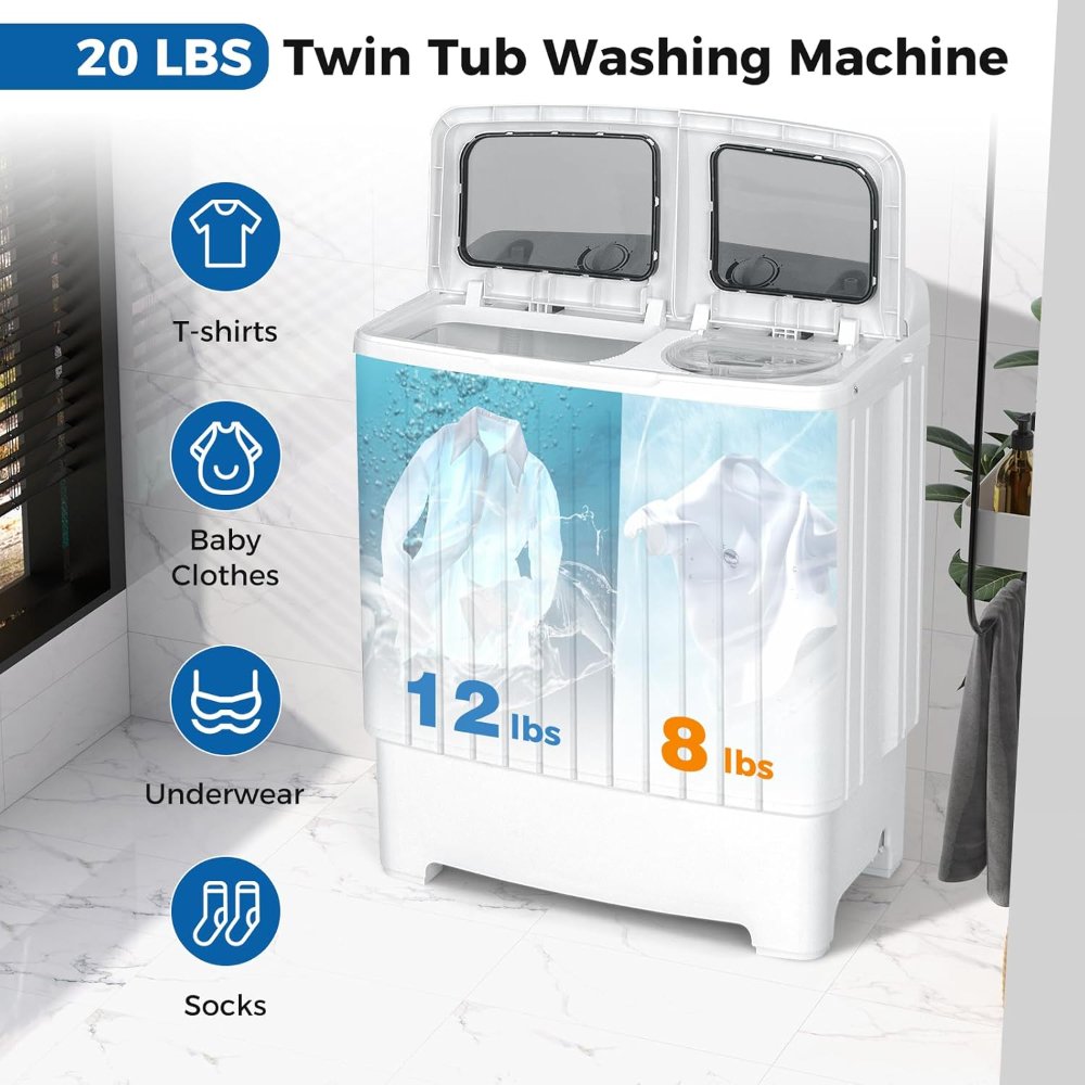 Lavadora portátil, doble tina de 20 libras de capacidad en total (lavadora 12 libras y giratoria 8 libras), temporizador, mini lavadora y secadora compacta, semi automática combinada para apartamento, - Imagen 5