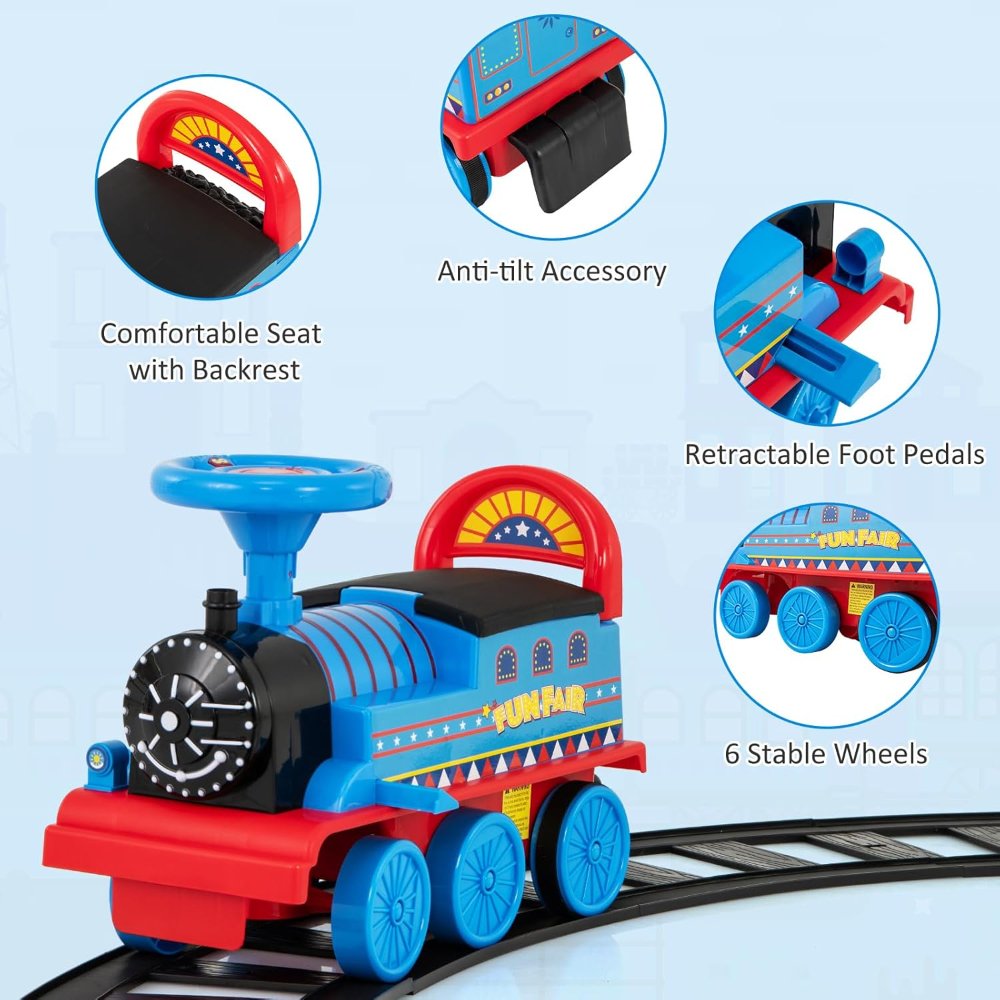 Juguetes para montar, tren eléctrico de 6V para montar con rieles, asiento con almacenamiento, luz y música, respaldo, dispositivo anti inclinación, para niños pequeños y niñas - Imagen 4