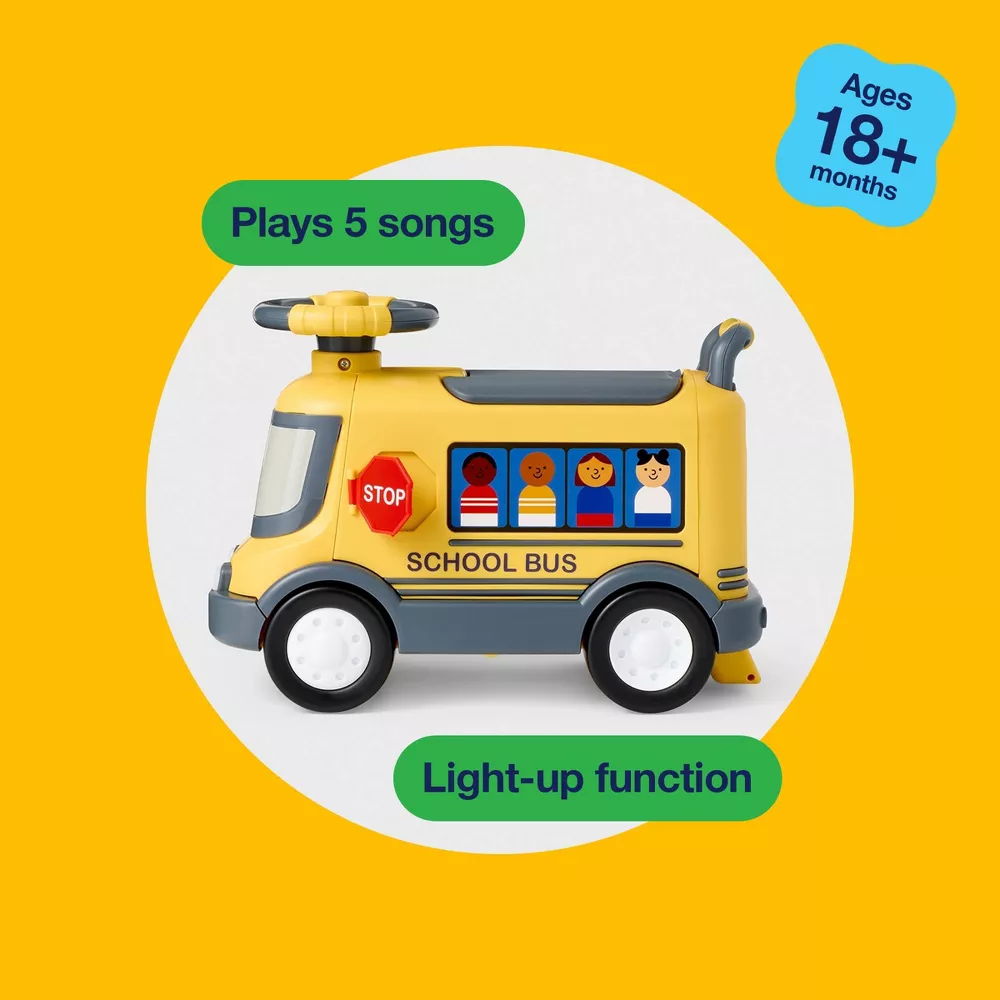 Autobus escolar para montar, con luces y 5 canciones, asiento y volante, para niños de 18-36 meses, incluye 3 pilas AA - Imagen 4