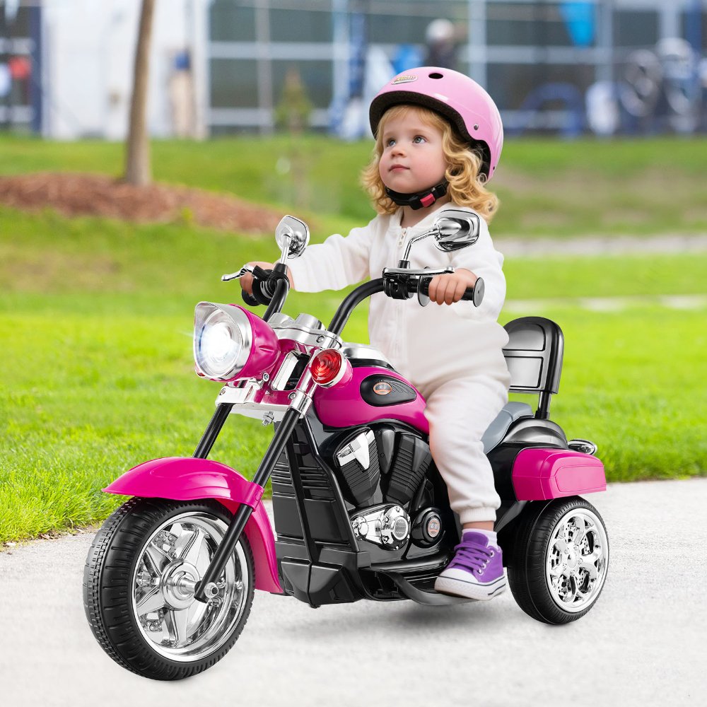 Moto de juguete de tres ruedas para niños pequeños, con motor de 6V, bocina y faro delantero, rosa intenso