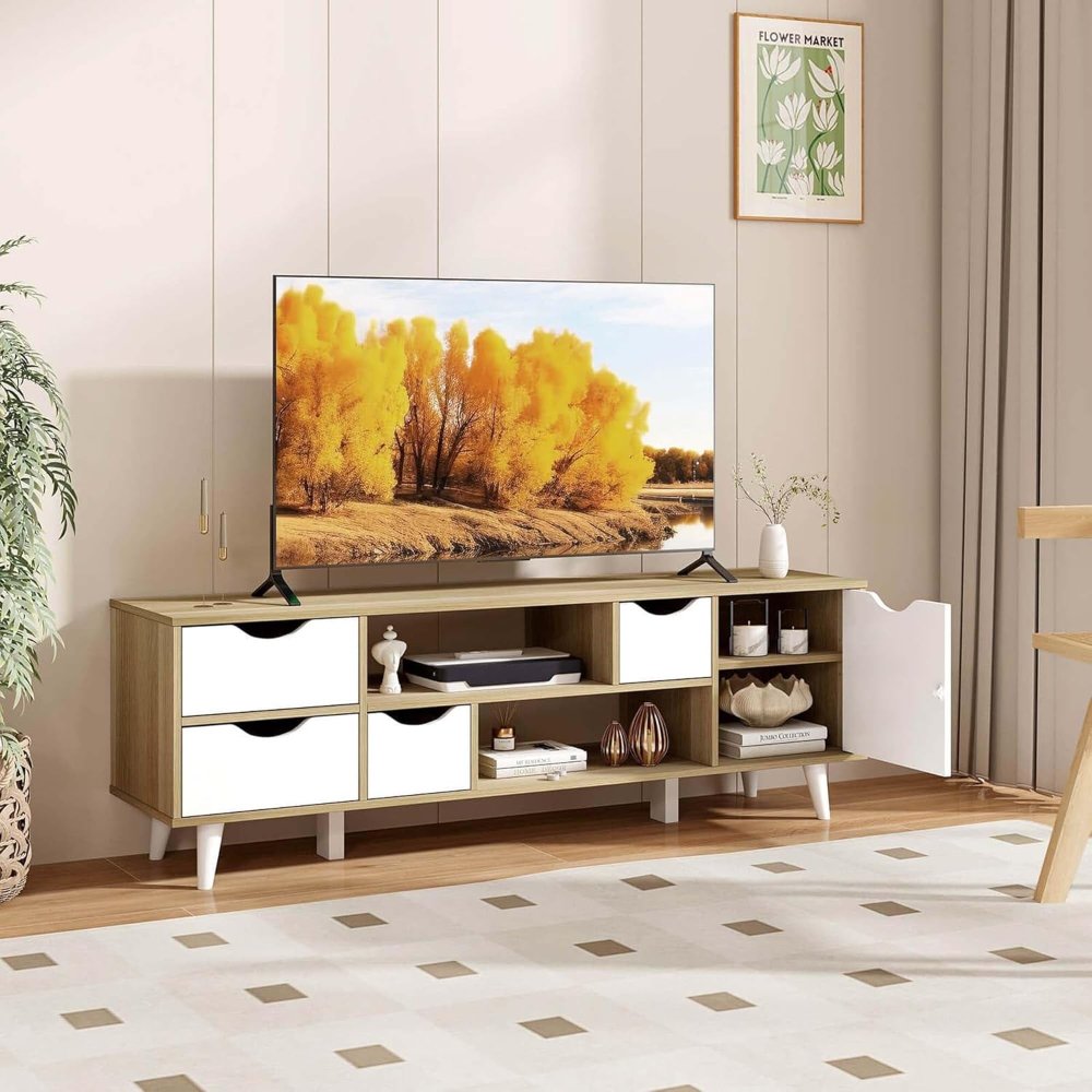 Centro de entretenimiento moderno soporte para TV para televisores de 55 pulgadas con 4 cajones de MDF contemporáneo, para hogar y sala