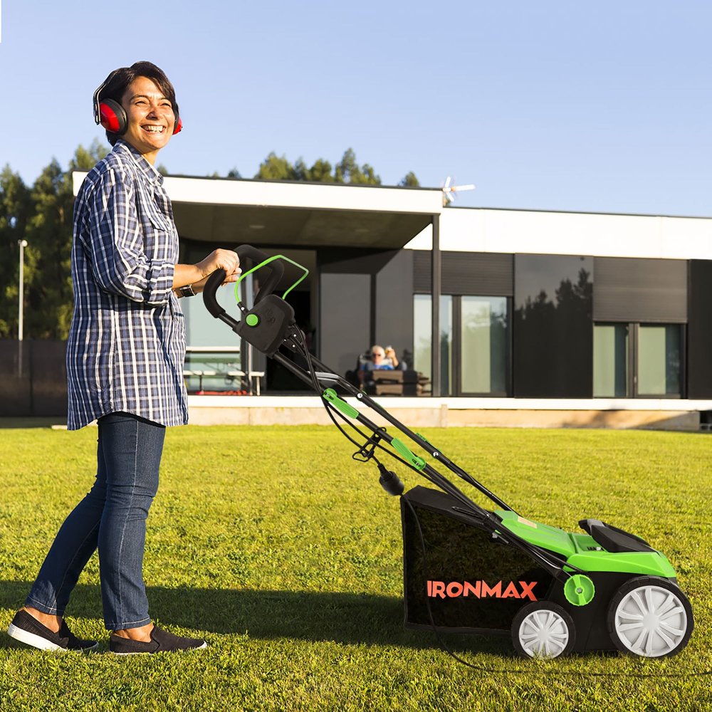 Escarificador y cortacésped eléctrico IronMax, 2 en 1, 13 amperios, ancho 15", con bolsa de 50L, altura ajustable, para jardín
