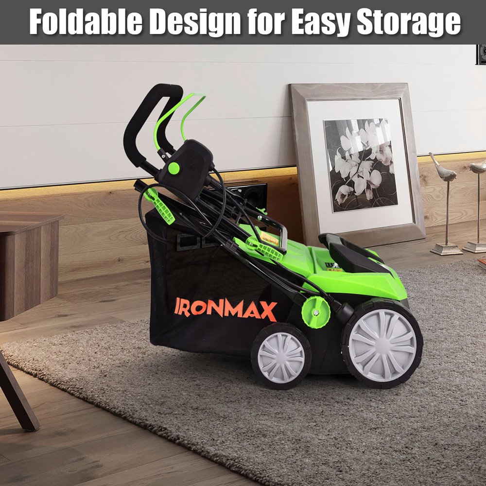 Escarificador y cortacésped eléctrico IronMax, 2 en 1, 13 amperios, ancho 15", con bolsa de 50L, altura ajustable, para jardín - Imagen 2