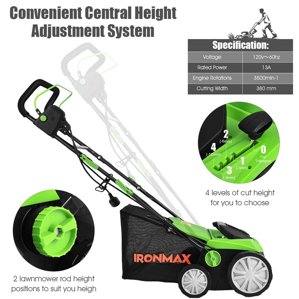 Escarificador y cortacésped eléctrico IronMax, 2 en 1, 13 amperios, ancho 15", con bolsa de 50L, altura ajustable, para jardín - Imagen 4