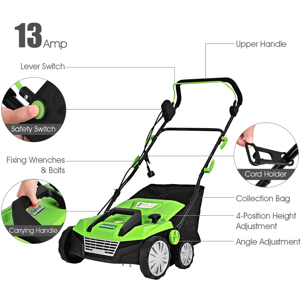 Escarificador y cortacésped eléctrico IronMax, 2 en 1, 13 amperios, ancho 15", con bolsa de 50L, altura ajustable, para jardín - Imagen 5