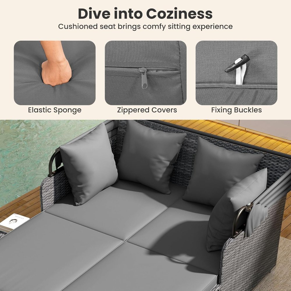 Sofá Cama Exterior Ratán, Tumbona Doble con Toldo Retráctil y Bandejas Laterales Plegables, Mueble de Jardín Gris para 2 Personas - Imagen 2