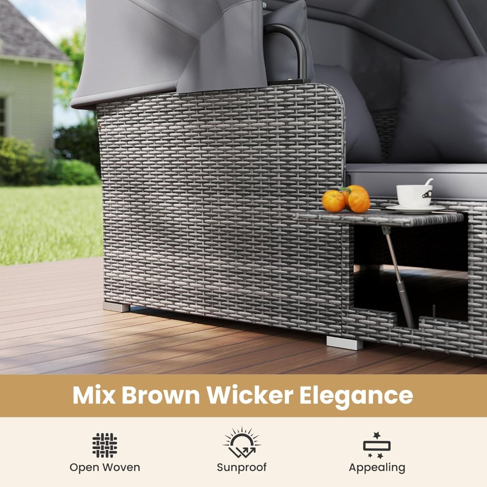Sofá Cama Exterior Ratán, Tumbona Doble con Toldo Retráctil y Bandejas Laterales Plegables, Mueble de Jardín Gris para 2 Personas - Imagen 3