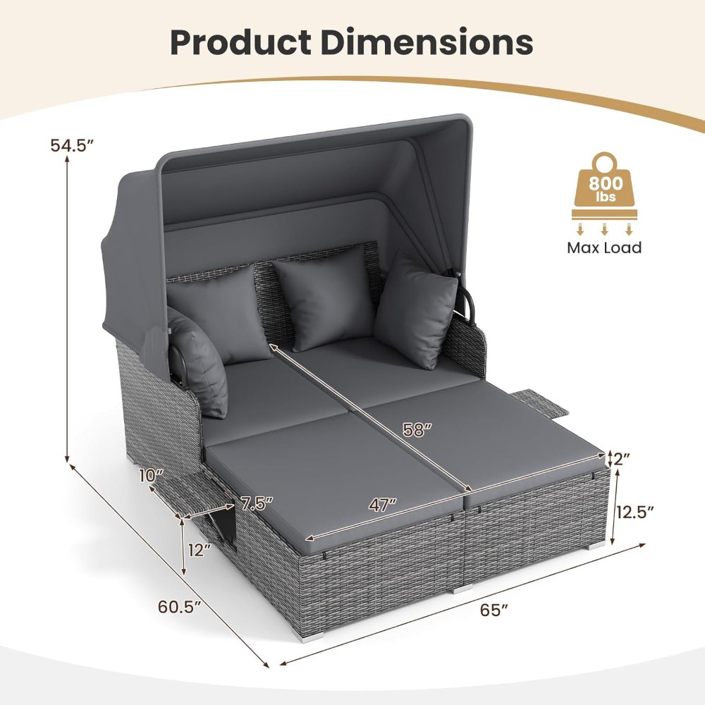 Sofá Cama Exterior Ratán, Tumbona Doble con Toldo Retráctil y Bandejas Laterales Plegables, Mueble de Jardín Gris para 2 Personas - Imagen 5