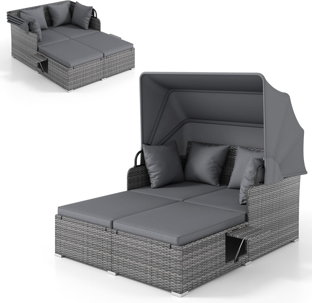 Sofá Cama Exterior Ratán, Tumbona Doble con Toldo Retráctil y Bandejas Laterales Plegables, Mueble de Jardín Gris para 2 Personas - Imagen 6