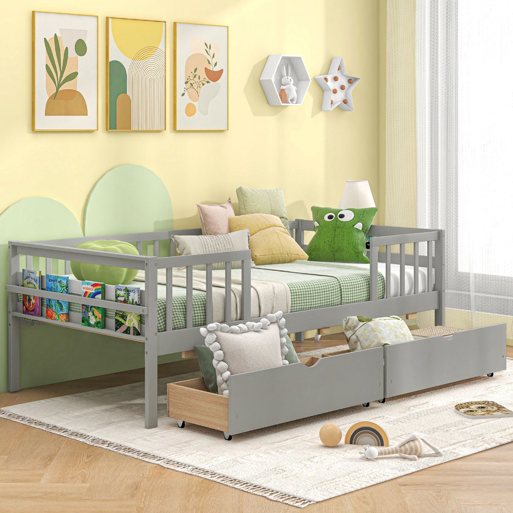 Sofá cama individual para niños, estilo Montessori, con barandillas y 2 cajones de almacenamiento, madera maciza, gris.