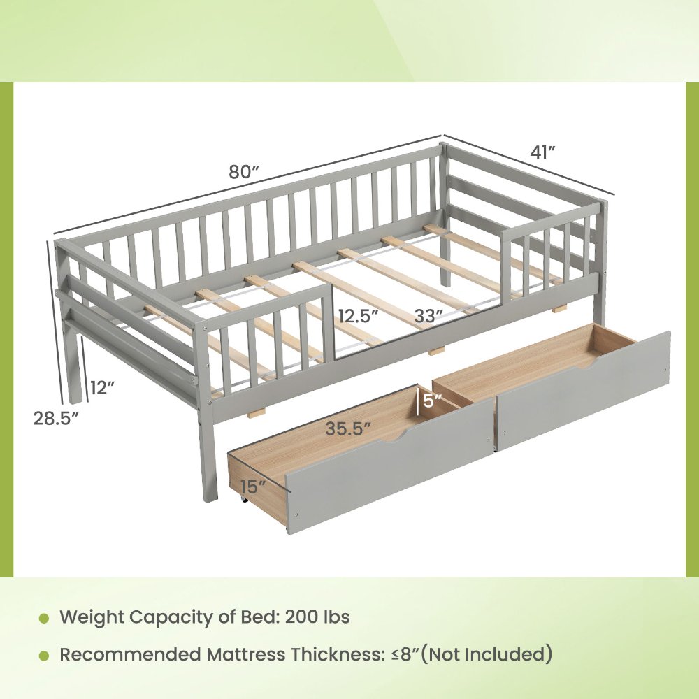 Sofá cama individual para niños, estilo Montessori, con barandillas y 2 cajones de almacenamiento, madera maciza, gris. - Imagen 4