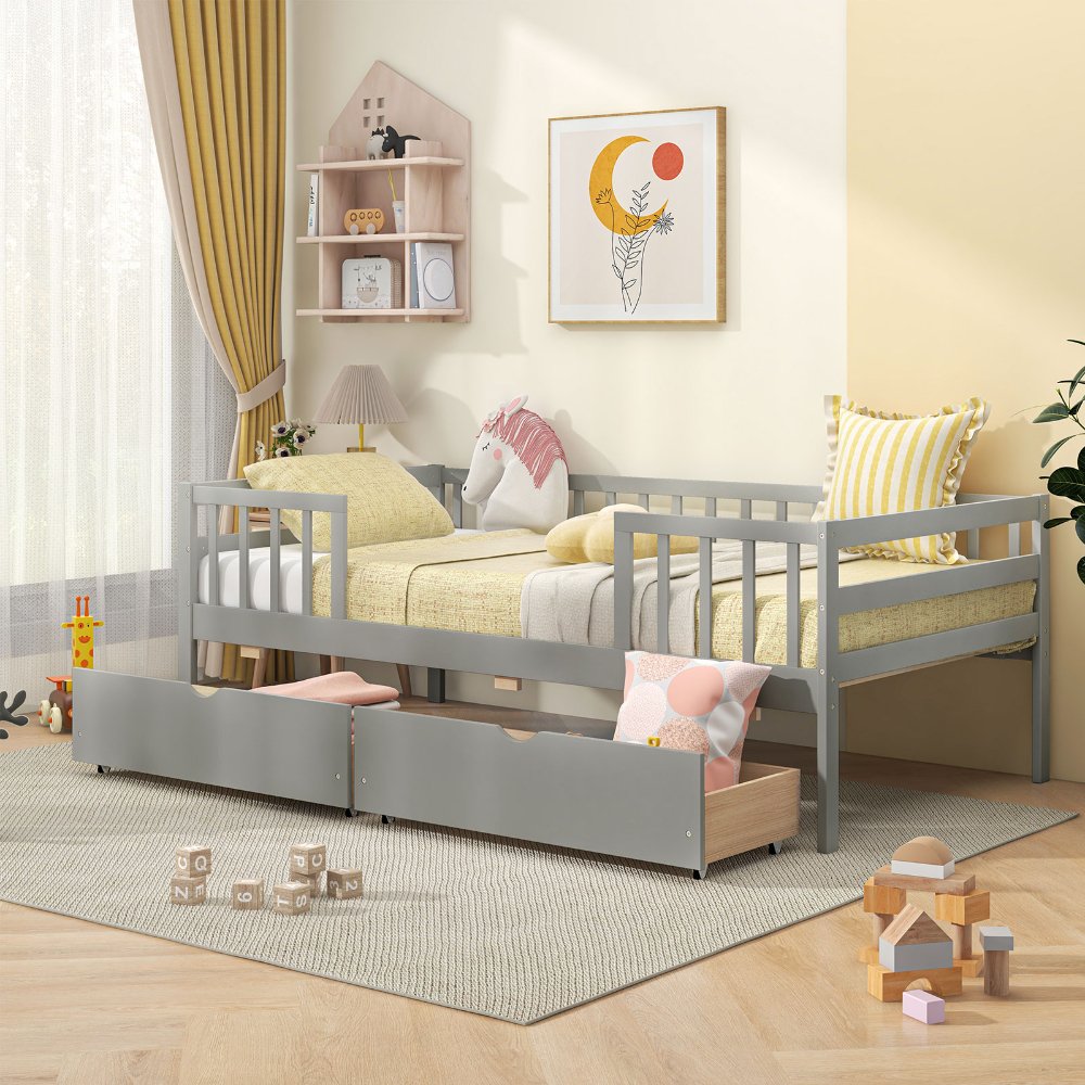 Sofá cama individual para niños, estilo Montessori, con barandillas y 2 cajones de almacenamiento, madera maciza, gris. - Imagen 5
