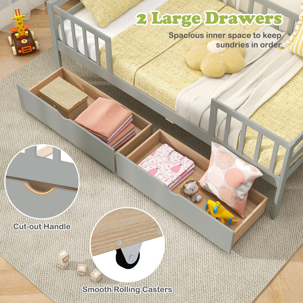 Sofá cama individual para niños, estilo Montessori, con barandillas y 2 cajones de almacenamiento, madera maciza, gris. - Imagen 6