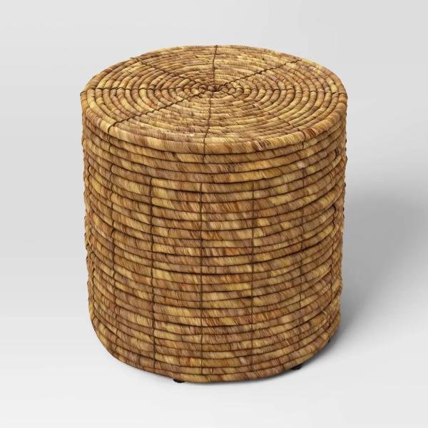 Otomana de almacenamiento tejida redonda, con estructura metálica, tono natural, para hogar y dormitorio - Imagen 2