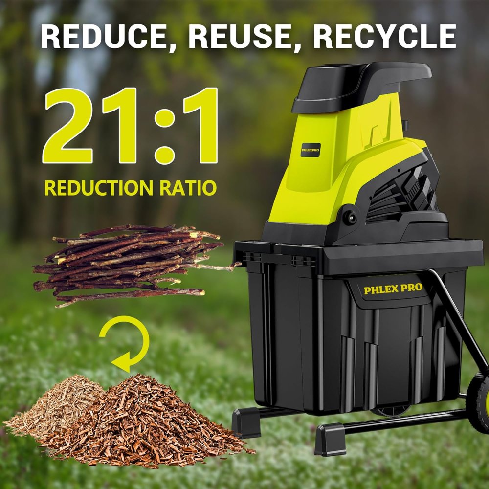 Trituradora eléctrica de madera PHLEX PRO, contenedor de 50 litros, diámetro de corte 1.8 pulgadas, 1800W, para desechos de patio, ramas y hojas, color verde - Imagen 6