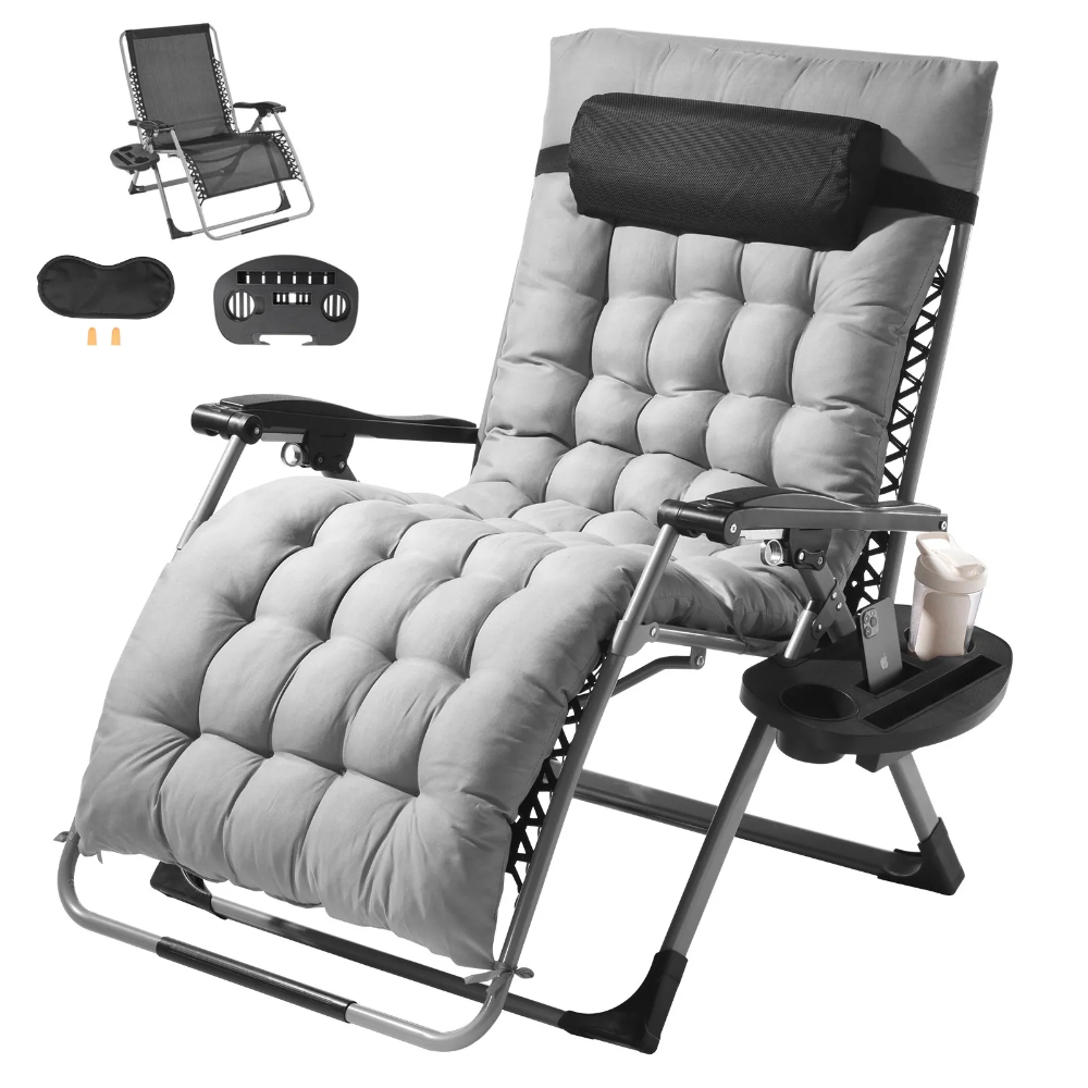 Silla reclinable VEVOR Zero Gravity para exterior, ajustable, con cojín, reposacabezas y portavasos, soporta 227 kg, color gris