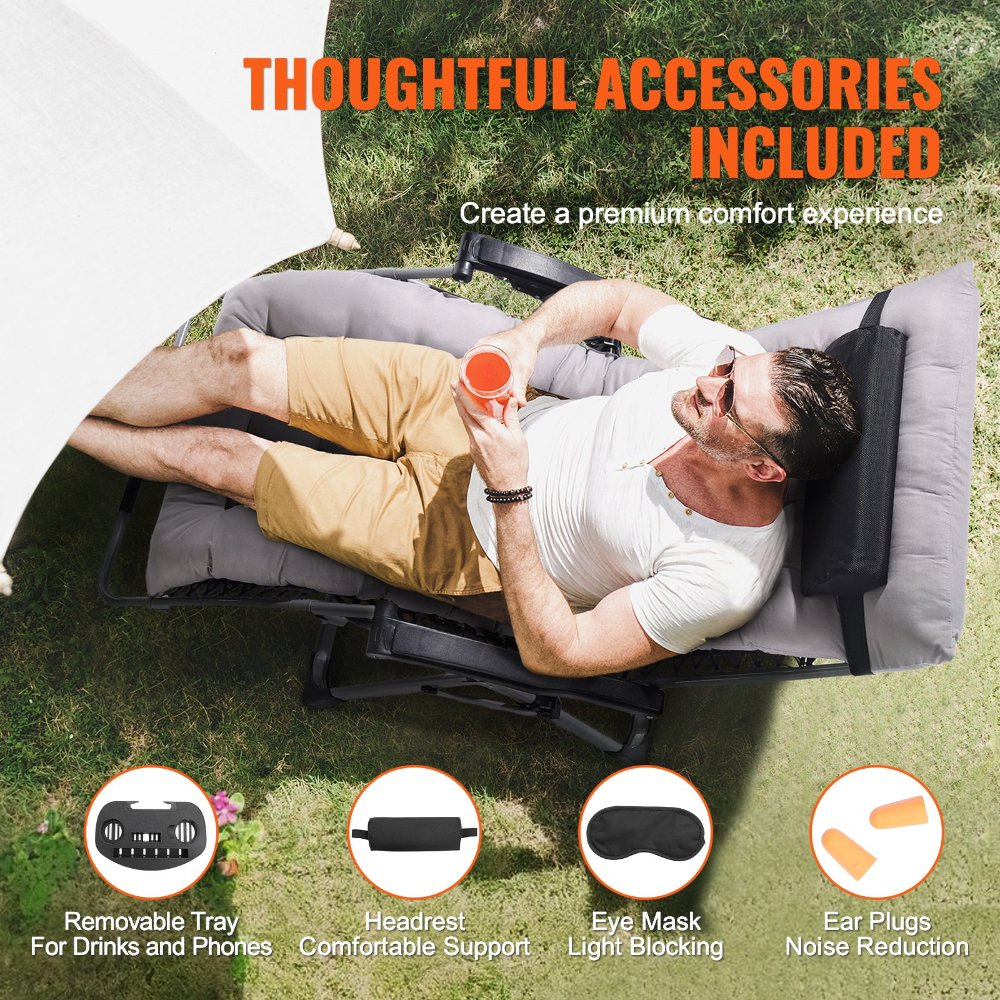 Silla reclinable VEVOR Zero Gravity para exterior, ajustable, con cojín, reposacabezas y portavasos, soporta 227 kg, color gris - Imagen 2