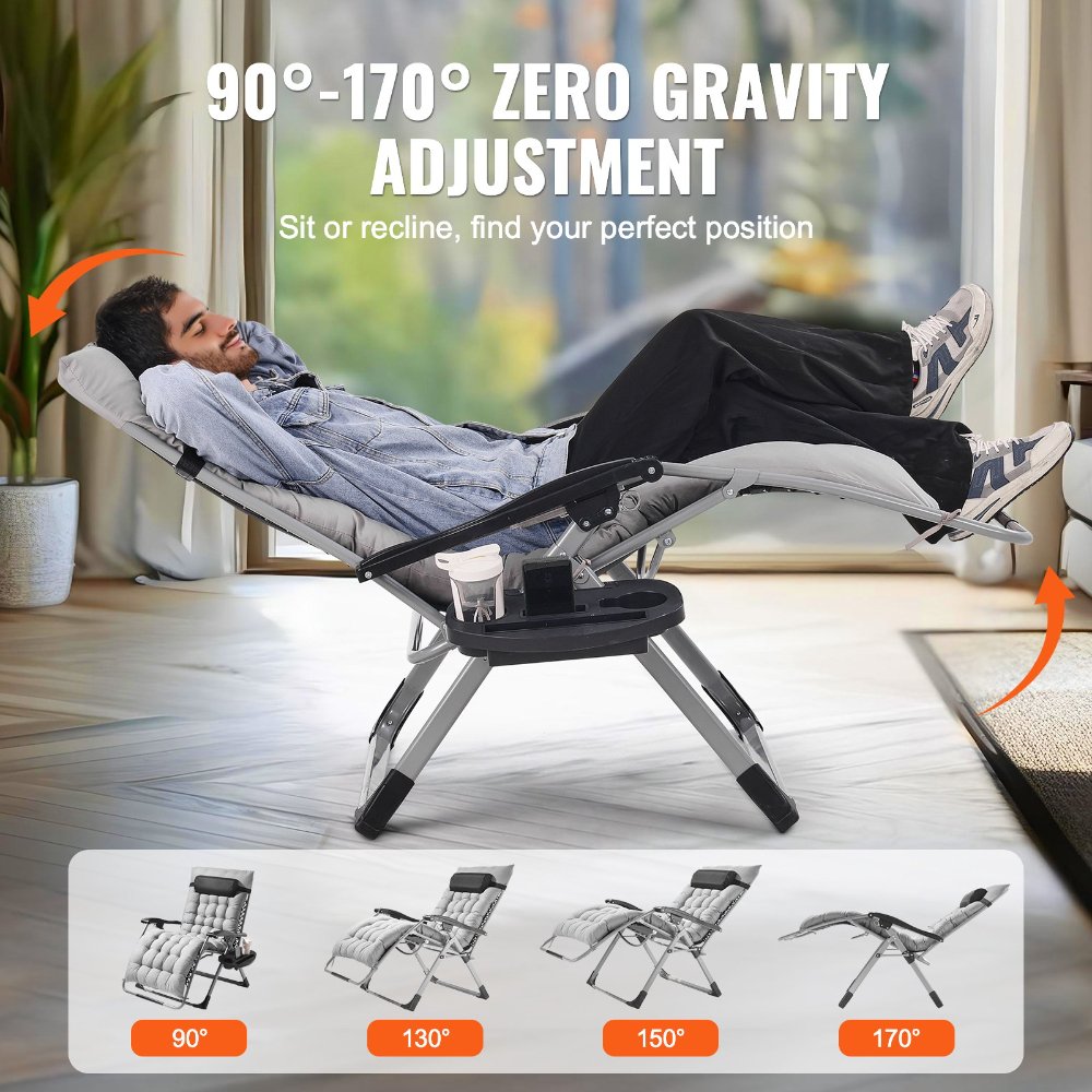 Silla reclinable VEVOR Zero Gravity para exterior, ajustable, con cojín, reposacabezas y portavasos, soporta 227 kg, color gris - Imagen 4