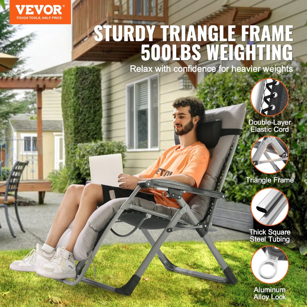 Silla reclinable VEVOR Zero Gravity para exterior, ajustable, con cojín, reposacabezas y portavasos, soporta 227 kg, color gris - Imagen 5