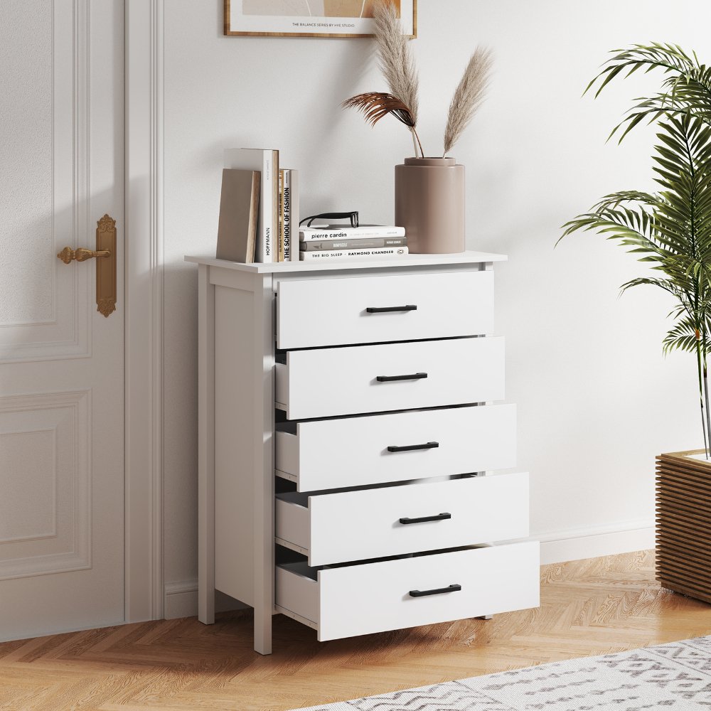 Cómoda moderna de 5 cajones multipropósito con tiradores metálicos, blanca, para dormitorio y hogar
