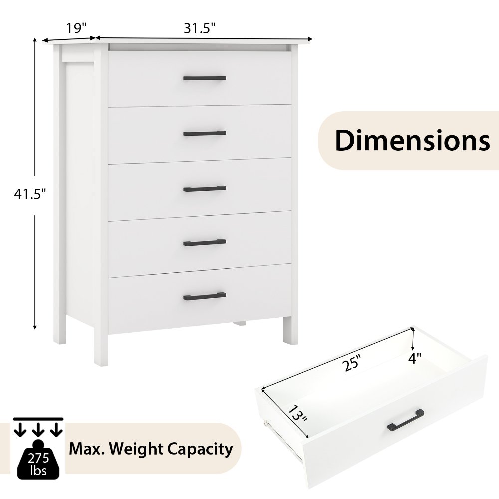 Cómoda moderna de 5 cajones multipropósito con tiradores metálicos, blanca, para dormitorio y hogar - Imagen 5