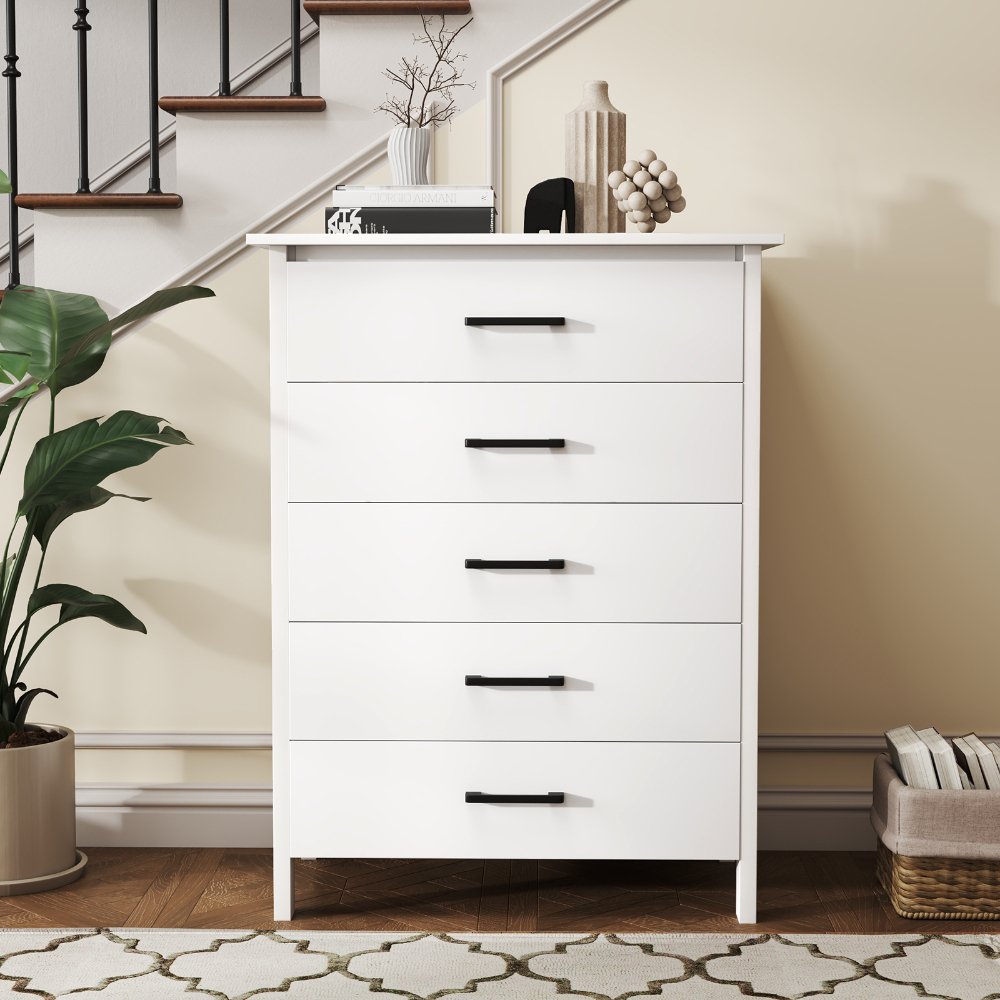Cómoda moderna de 5 cajones multipropósito con tiradores metálicos, blanca, para dormitorio y hogar - Imagen 6